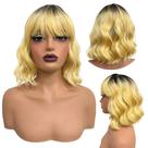 Peruca curta c/ franja loira ombre ondulada long bob gold