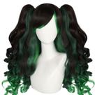Peruca de 60 cm de comprimento, cauda dupla encaracolada com franja, preta, verde, ombre Peruca de 60 cm de comprimento, cauda dupla encaracolada com franja, preta, verde, ombre
