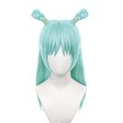 Peruca de cosplay azul claro, coque duplo trançado longo com franja