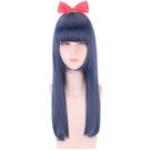 Peruca de cosplay azul escuro reta de 60 cm com franja completa e laço vermelho