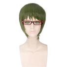 Peruca de cosplay curta verde oliva com franja em camadas de 35 cm