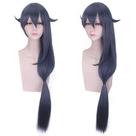 Peruca de cosplay de 120 cm de comprimento azul escuro com franja e rabo de cavalo lateral