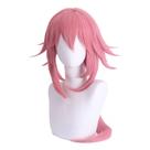 Peruca de cosplay de 75 cm de comprimento rosa em camadas com pontas viradas e franja lateral