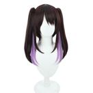 Peruca de cosplay de anime marrom com destaques roxos Twin Tails Peruca de cosplay de anime marrom com destaques roxos Twin Tails