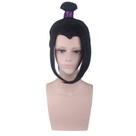 Peruca de cosplay de estilo antigo, cabelo curto preto com coque superior de 35 cm