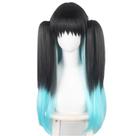 Peruca de cosplay em gradiente preto a azul com cauda dupla de 80 cm de comprimento