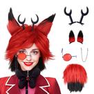 Peruca de cosplay FantaLook média vermelha e preta com chifres, orelhas, óculos