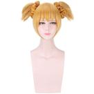 Peruca de cosplay, loira, curta, com rabos de cavalo duplos, 35 cm, resistente ao calor