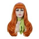 Peruca de cosplay longa e ondulada laranja, estilo Daphne Blake, lenço verde