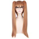 Peruca de cosplay longa marrom com cauda dupla com franja de 70 cm resistente ao calor Peruca de cosplay longa marrom com cauda dupla com franja de 70 cm resistente ao calor