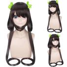 Peruca de cosplay longa marrom com franja reta e fitas verdes