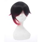 Peruca de cosplay preta, vermelha, gradiente, cabelo curto em camadas, 40 cm