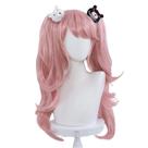 Peruca de cosplay rosa longa encaracolada com rabos de cavalo duplos 60 cm com franja