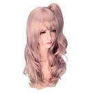 Peruca de cosplay sintética de 60 cm de comprimento rosa com cachos e rabo de cavalo
