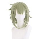 Peruca de cosplay verde claro, curta, em camadas, com franja, 35 cm de calor