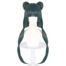 Peruca de cosplay verde escuro, longo trançado, coque duplo, 40 cm, sintético