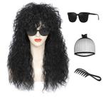 Peruca de fantasia adequada dos anos 80 Rocker Mullet Long Curly Black Women