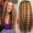 Peruca frontal de renda DeGhyth Highlight Ombre Deep Wave 66 cm 180D Peruca frontal de renda DeGhyth Highlight Ombre Deep Wave 66 cm 180D