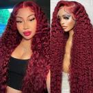 Peruca Frontal de Renda ILHILH 99J Burgundy Deep Wave 26" - 200% de Densidade
