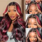 Peruca frontal de renda MARRY MOON 13X6 Burgundy Ombre Human Hair 60cm