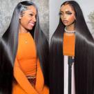 Peruca frontal de renda OOVVDA, cabelo humano liso de 30 polegadas, 200% de densidade Peruca frontal de renda OOVVDA, cabelo humano liso de 30 polegadas, 200% de densidade