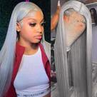 Peruca frontal de renda ORIGEN Grey Human Hair 66cm 180% de densidade