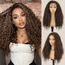Peruca frontal de renda para mulheres com sensação de marrom escuro, comprida, encaracolada, de 60 cm