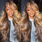 Peruca frontal de renda QUANDIAN Highlight Ombre Body Wave 24" 180% de densidade