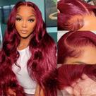 Peruca frontal de renda ZGWG 13x6 Burgundy Body Wave 24" 180% de densidade