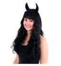 Peruca Halloween Preta Com Chifre Pra Fantasia de Diabinha