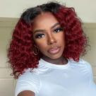 Peruca HIRIREMY Ombre 99J Burgundy Deep Wave BOB 30cm de cabelo humano
