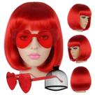 Peruca JoNeting Red Bob+boné de cabelo+óculos de solPeruca vermelha reta com franja plana Peruca curta e reta avermelhada Perucas curtas de cosplay avermelhadas para festa de Natal de Halloween