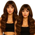 Peruca Longa com Ajuste Ondulada com Franja Castanho Natural Wig Peruca Longa com Ajuste Ondulada com Franja Castanho Natural Wig