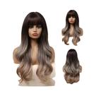 Peruca Longa Com Ondas Naturais Coloridas Em Ombre Verde Com Franja Para Mulheres, Fibra Sintética