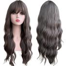 Peruca longa ondulada com franja wig fibra premium 65cm