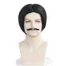 Peruca masculina preta curta sintética de 30 cm com bigode