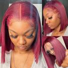 Peruca PANDA ANGEL 99J Bob Lace Front Human Hair Borgonha 13X4