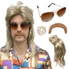 Peruca Retrô Anos 80 Rock Platinado Com Bigode Óculos Cordão