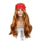 Peruca retrô punk marrom ondulada com bandana vermelha de 55 cm para todas as idades
