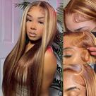 Perucas de cabelo humano Ladoux Highlight Ombre Straight 13x6 HD transparentes de renda integral frontal 18 polegadas 180% de densidade, pré-arrancadas com cabelo de bebê P4/27, cor: cabelo humano sem cola, peruca loira reta