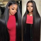 Perucas frontais de renda AUOU, cabelo humano liso de 34 polegadas, 200% de densidade