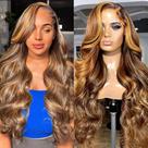 Perucas frontais de renda QUANDIAN Highlight Body Wave 80 cm 180% de densidade