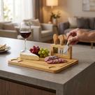 Petisqueira Quadrada Bambu Com Kit 3 Facas Cortador De Queijos E Frios Tabua Para Servir Aperitivo