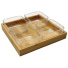 Petisqueira Quadrada Bandeja de Bambu com 4 Potes de Vidro