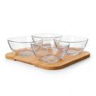 Petisqueira Vidro Base Bambu 4 Peças Mesa Luxo Kit Quadrada Petiscos Frios e Queijo Potinhos