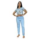 Pijama Cropped Estampa Personagem Calça Lisa Confortável Adulto Moda Noturna