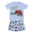 Pijama Curto Fakini Gola V Com Estampa Explorer Soneca 4/10 Azul e Cinza