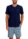Pijama Curto Podiun 268028 Masculino Gola V Xadrez Com Bolsos Algodão T. P/GG