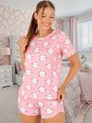 Pijama feminino conjunto blusa manga curta e short desenho Gatinho linha premium alta elasticidad Pijama feminino conjunto blusa manga curta e short desenho Gatinho linha premium alta elasticidad