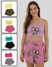 Pijama Feminino Estampas Divertidas, Conjunto Cropped Alça e Short Malha Premium
